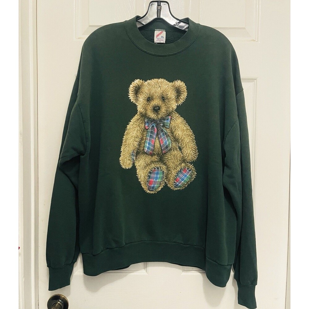 Vintage Teddy Bear Crew Neck Sweatshirt Jerzees - Dark Forest Green - Women’s XL